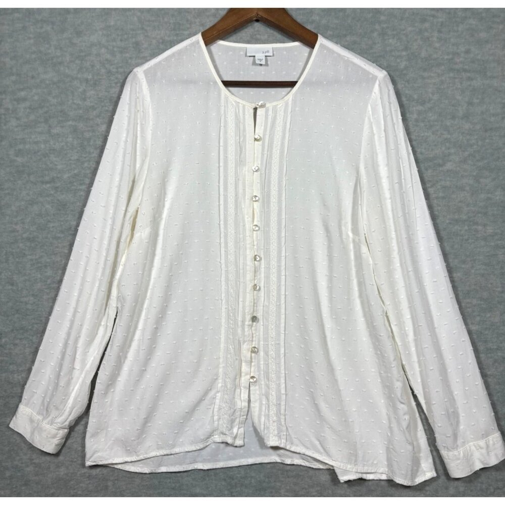J Jill Womens Blouse M White Ivory Button-Up Long Sleeve Swiss Dot